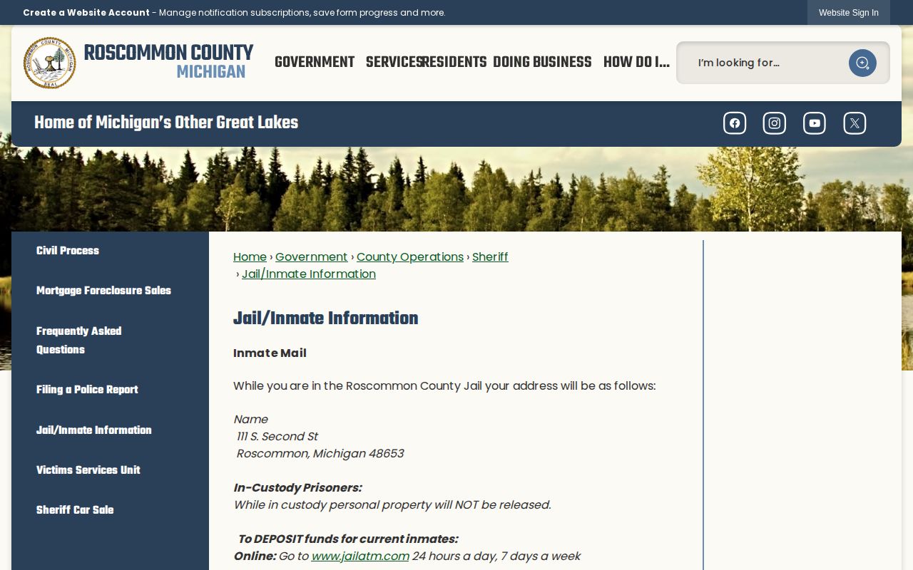Roscommon jail information for Oscoda County arrest custody