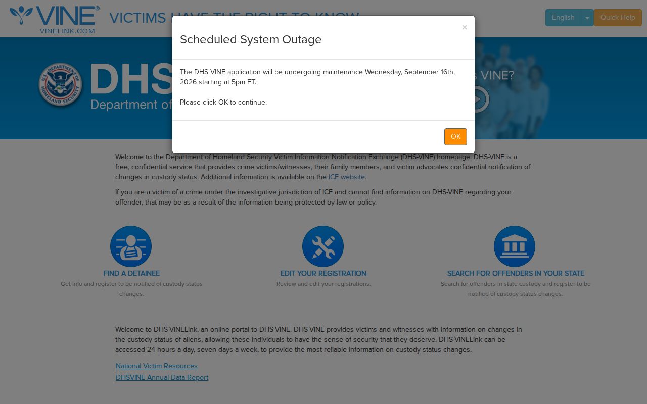 DHS-VINE federal service compared with Oscoda County MI-VINE